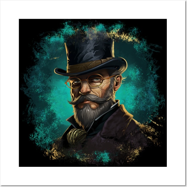 Vintage Design Illustration - Distinguished Gentleman in Glasses, Mustache, and Beard, Wearing a Suit with a Top Hat, Against a Turquoise Background. Wall Art by Art KateDav